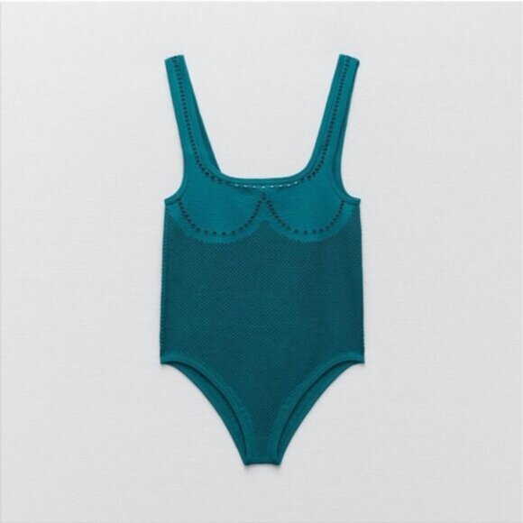 ZARA | Seamless Perforated Bodysuit Top Teal Blue Green Sz XS Small - Picture 2 of 5